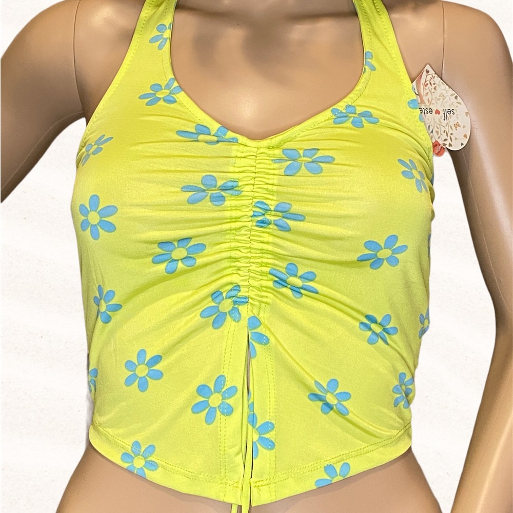 Self Esteem Lime Green and Blue Floral Cinched Ruched Front Halter Top Small NWT